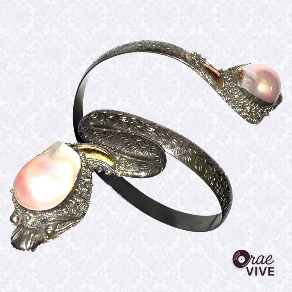 Vintage Sterling Silver 925 Thai Naga Dragon Arm Cuff with Baroque Pearl